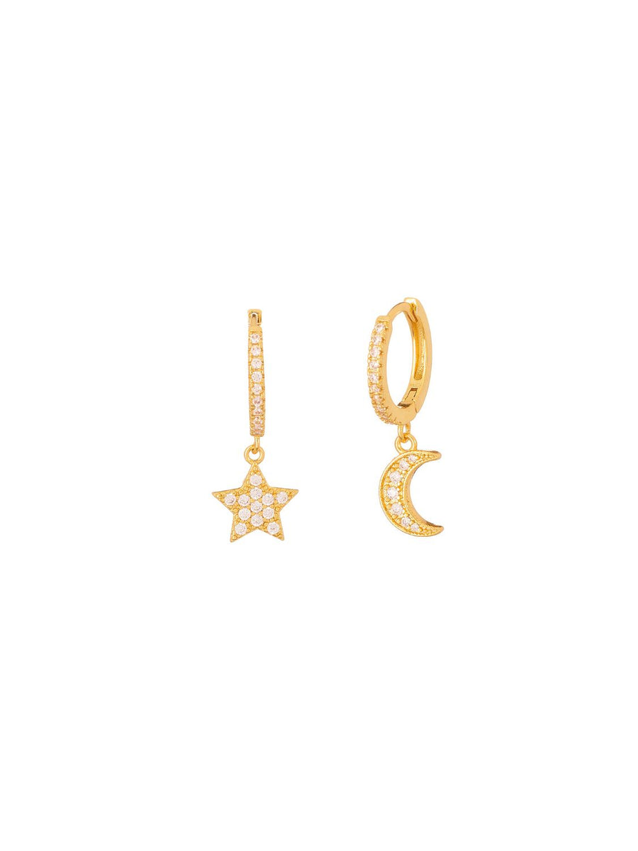 Moon And Star Cz Hoop Earrings